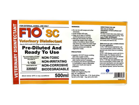 F10 SC  Ready-to-Use Veterinary Disinfectant Solution (500ml; 1:100 Dilution)